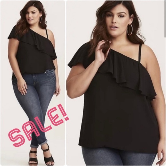 TORRID Georgette One Shoulder Top Black Ruffle Dressy Plus Size 3 3X 22 24 - Picture 1 of 14